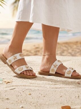 Nautical Seashell Charm Double Strap Slide Sandals - Forever